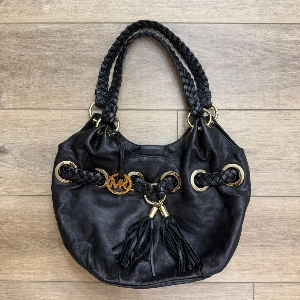 Michael Kors Black Leather Braided Hobo Shoulder Bag Gold Hardware Tassel Large